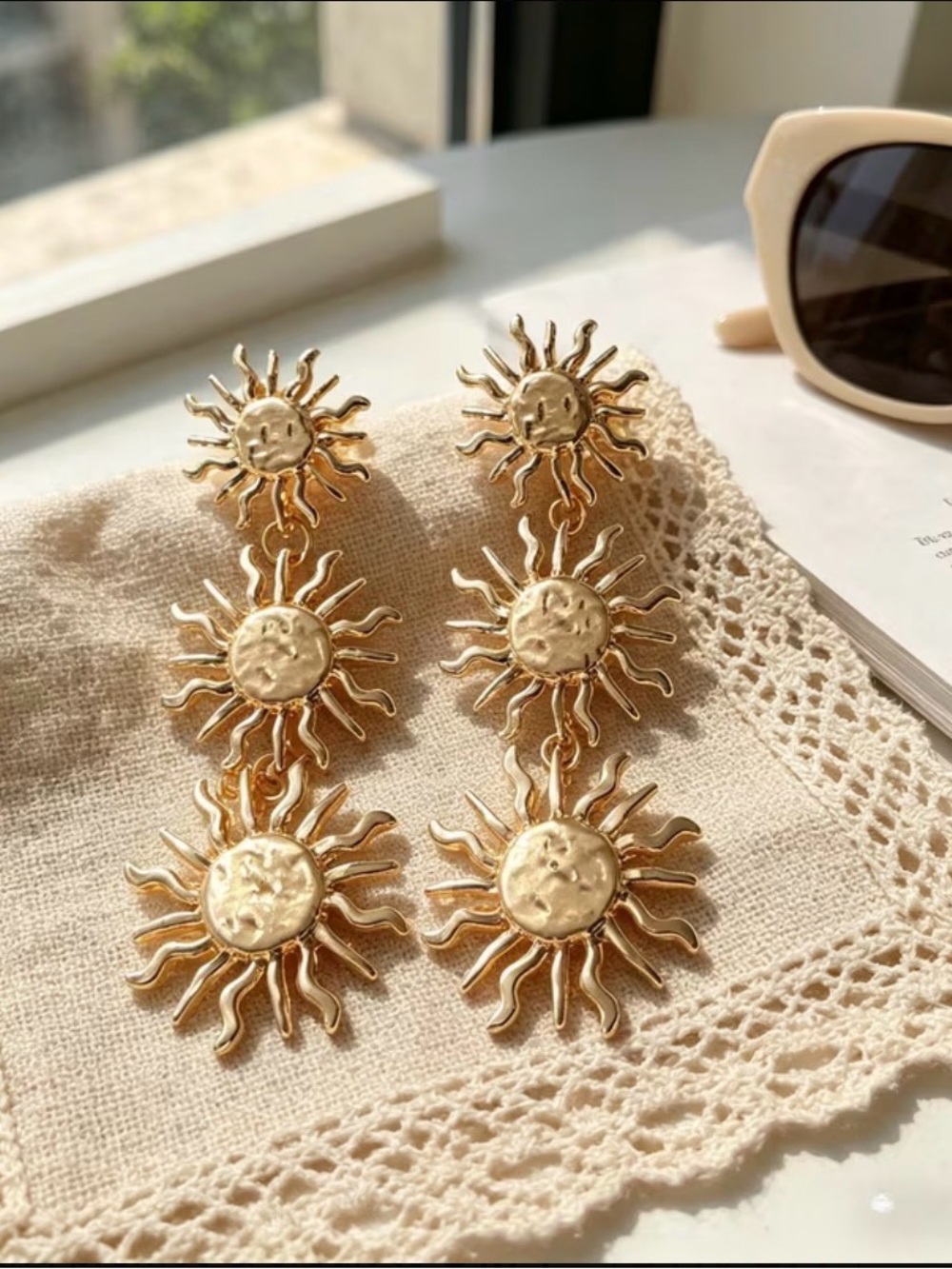 Triple Sunburst Gold Drop Earrings for Women